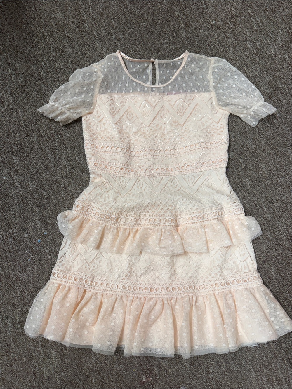 BCBGirls Blush Lace & Dot Mesh Ruffled Dress